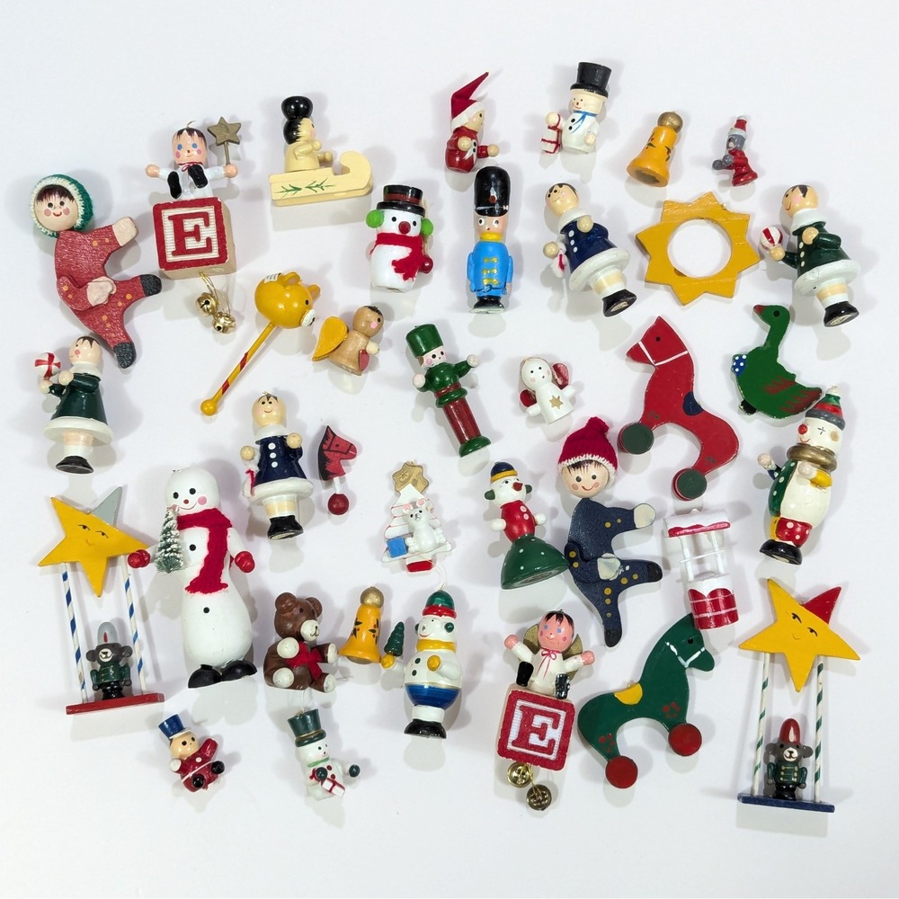 Vtg Wooden Painted Christmas Figures Ornaments (NO Strings) Variety Lot of 36